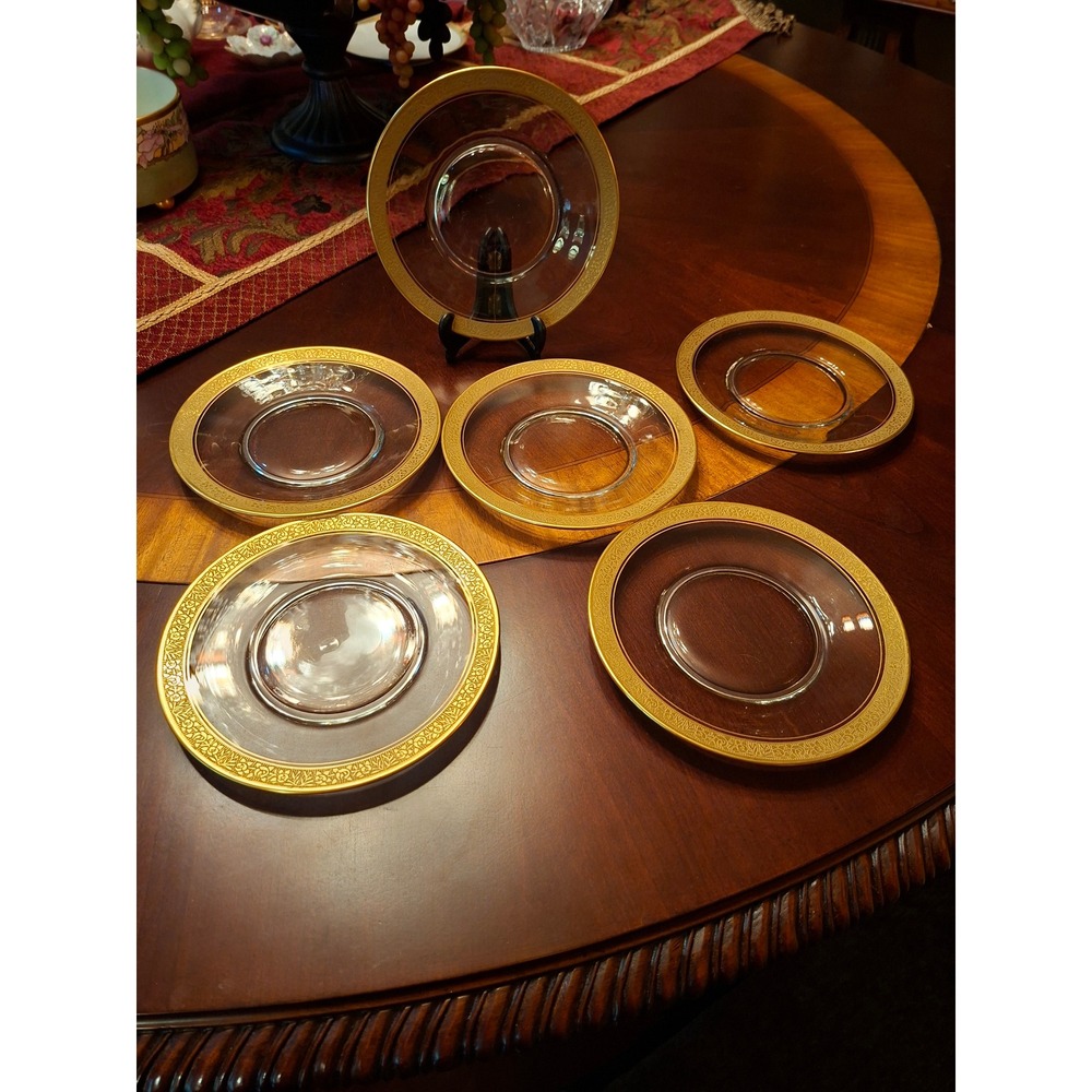 Vintage Tiffin Gold Encrusted Floral Rim Glass Saucers Bread Plates Set of 6